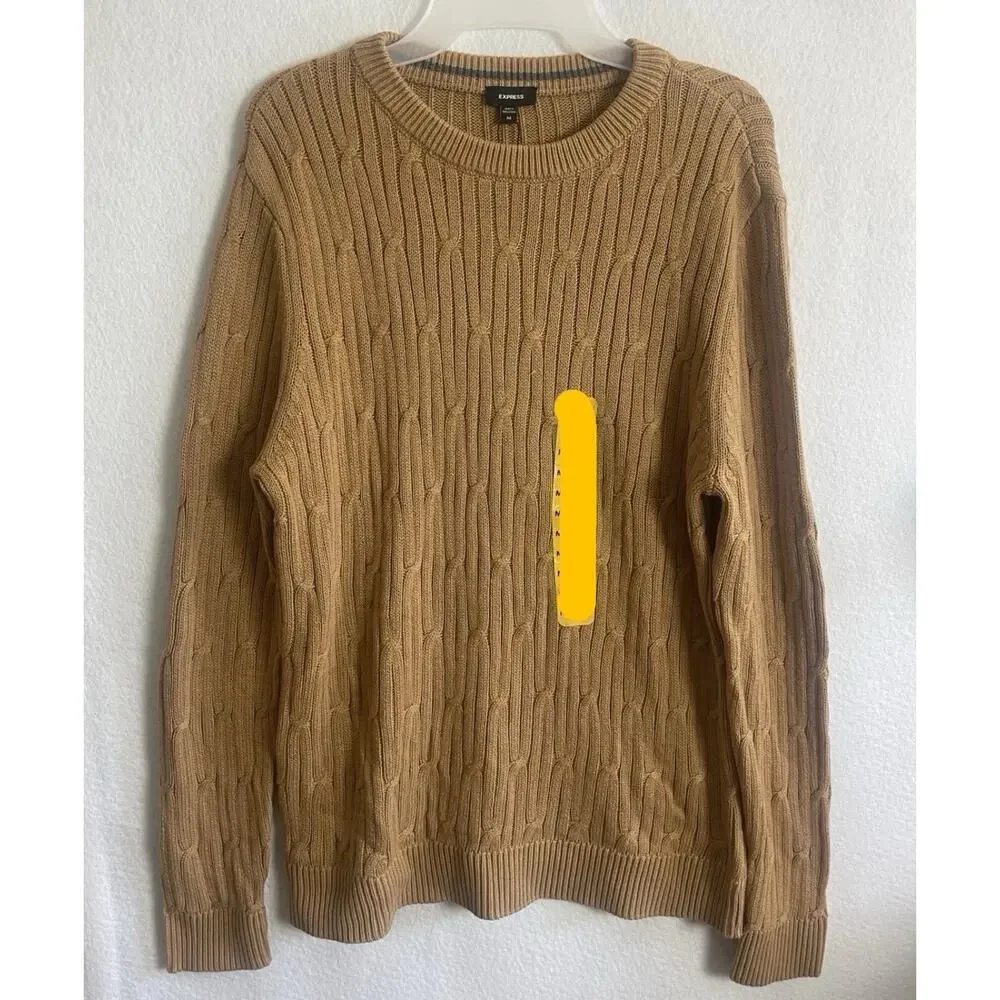 Express‎ Men's Braided Cable Knit Sweater Long Sleeves Crew Neck Pecan Color, L